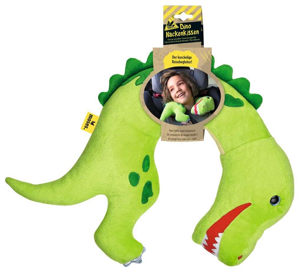 Dino Nackenkissen aus Plüsch mit Glitzerfüßen als bequeme Kopfstütze für Kinder auf Reisen und zu Hause