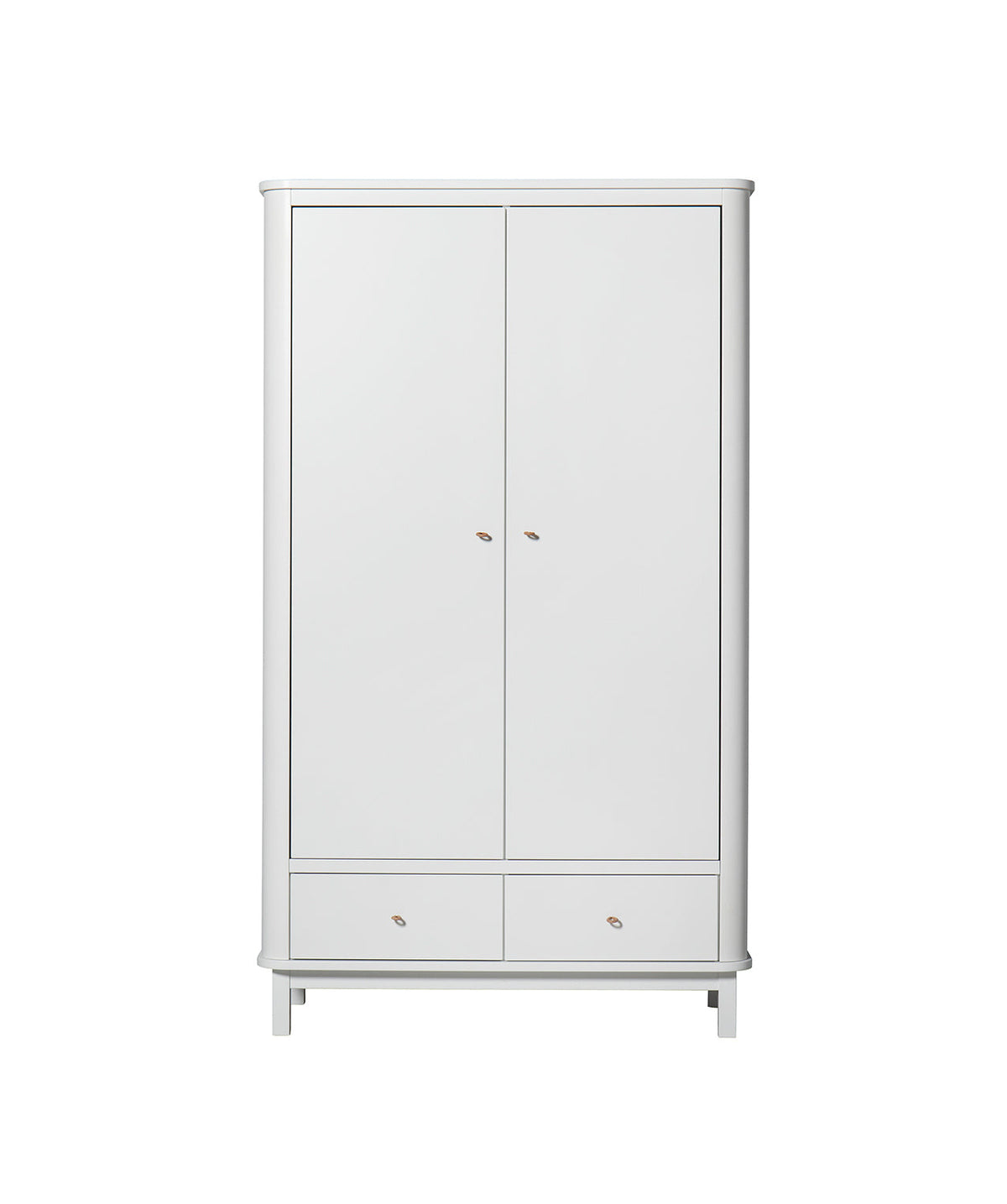 Weißer Wood Kleiderschrank 2-türig mit runden Haken und handgearbeiteten Ledergriffen in modernem Design