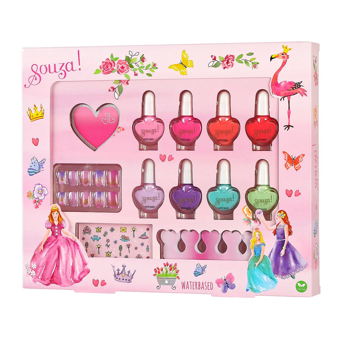 Veganes Nagellack Set für Kinder mit wasserbasierten Farben, Stickern, künstlichen Nägeln und Zubehör in Prinzessinnen-Design