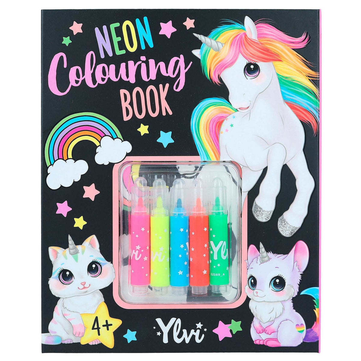 Ylvi Neon Malbuch Set with 25 colorful pages and neon markers for kids aged 4+