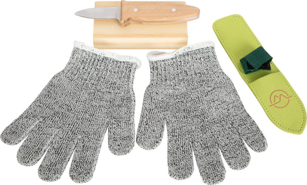 Kindgerechtes Schnitzmesser-Set mit Holzgriff, Schutzhandschuhen und Aufbewahrungstasche für sichere Outdoor-Abenteuer