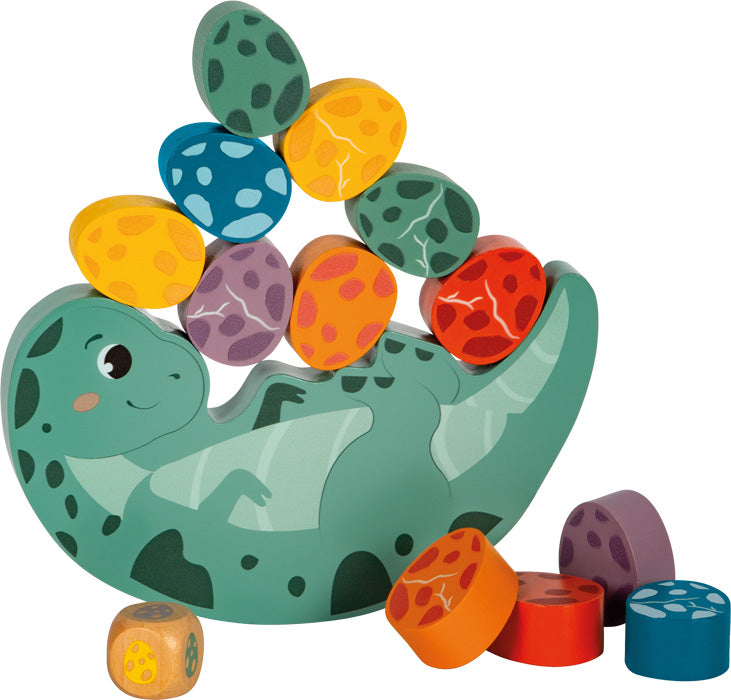 Balancierspiel Dino aus Holz mit bunten Eier zum Balancieren auf süßem Dinosaurier-Spielzeug