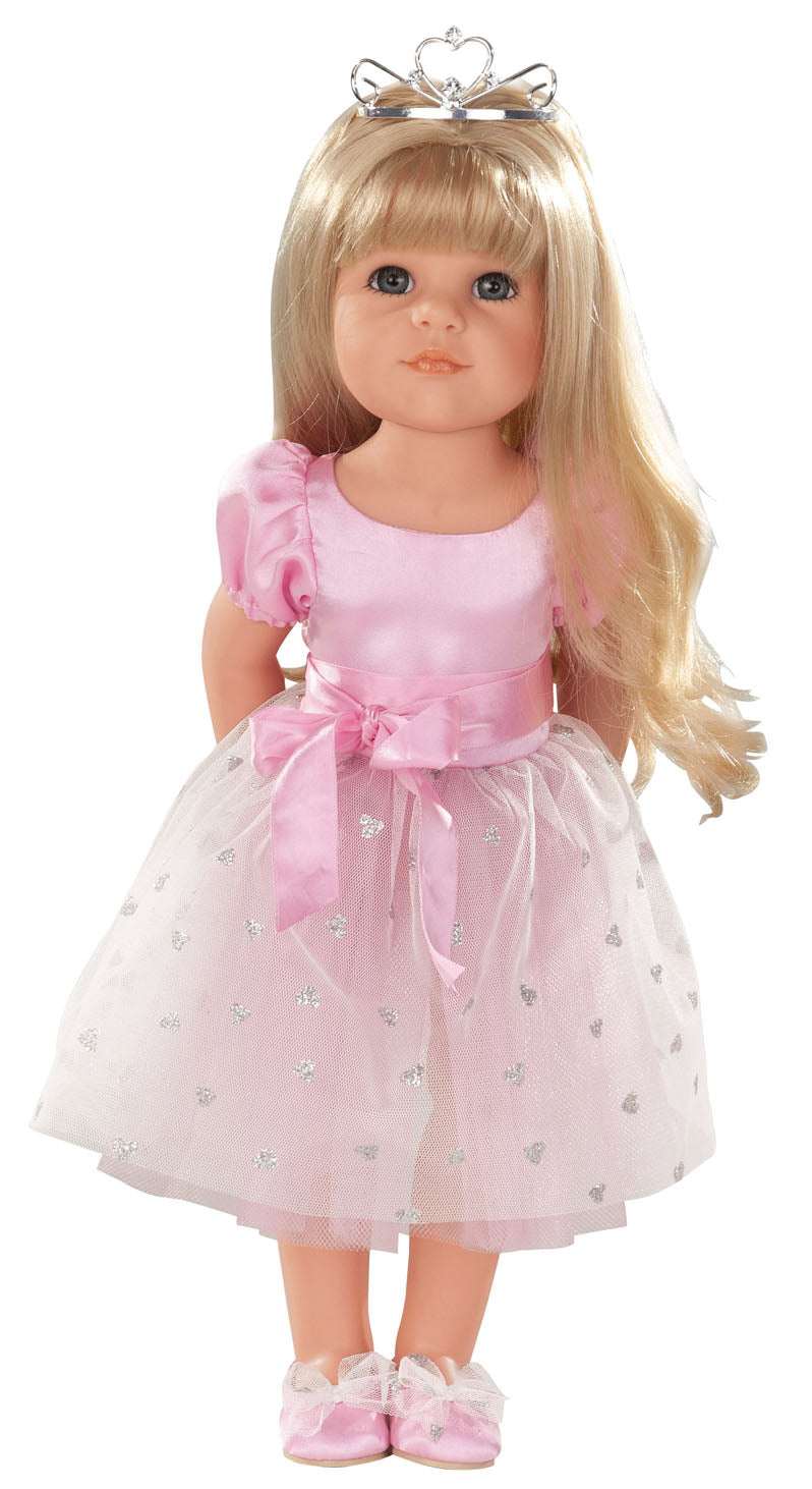 Stehpuppe Prinzessin Hannah mit glitzerndem Prinzessinnenkleid, Wechseloutfit und tiara, 50 cm groß