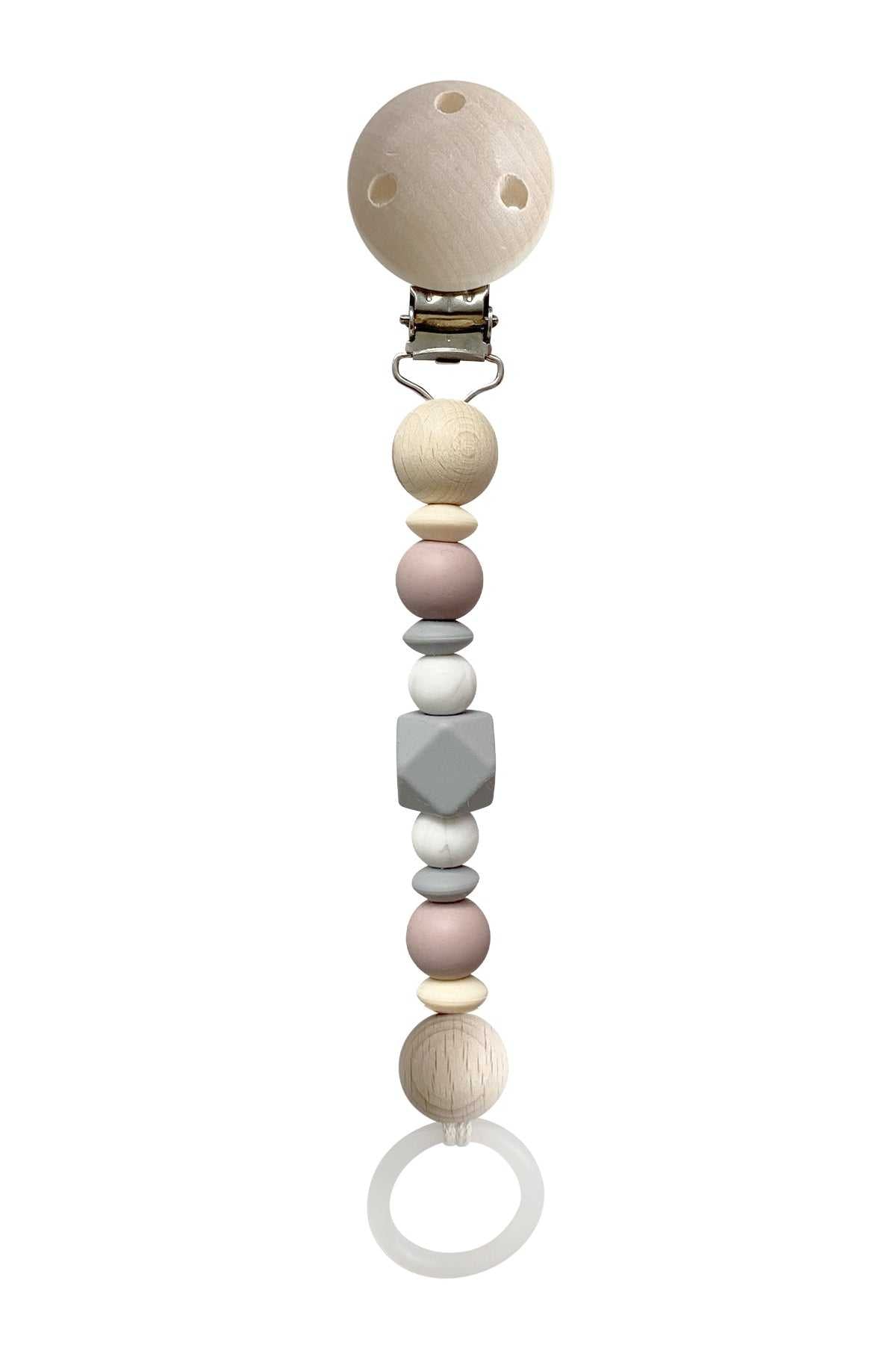 Schnullerkette Silber mit PEFC-zertifizierten Holz- und Silikonperlen in Grau und Rose, 16 cm lang