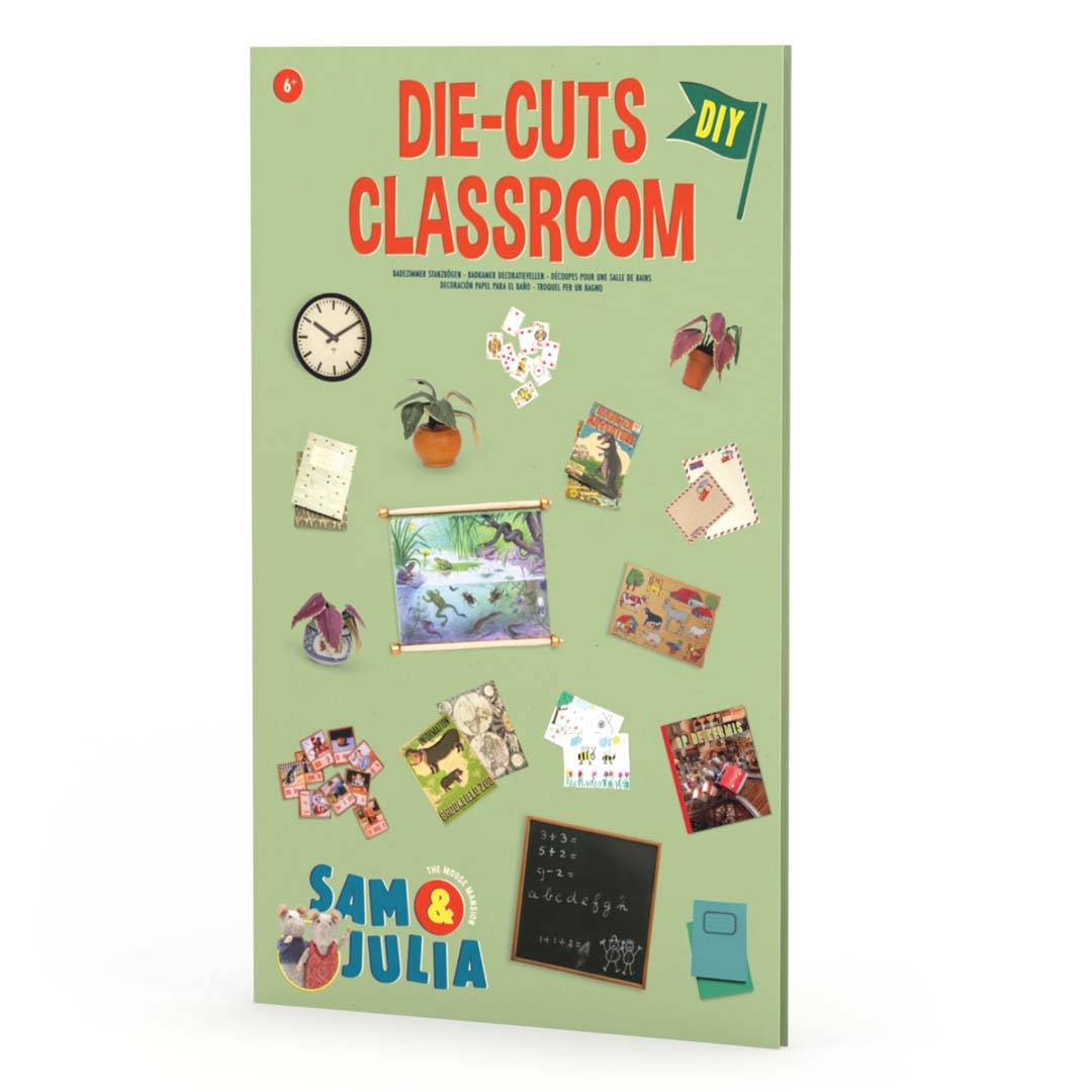 Miniatur Klassenzimmer aus Papier mit Stanzbögen, Büchern und Pflanzen im Maßstab 1:12