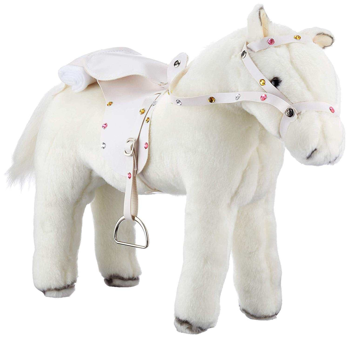 Plüschpony Pferd weißer Blitz mit Soundmodul, Glitzersattel und Zaumzeug, biegsam und posierbar, ideal für Puppen bis 50 cm