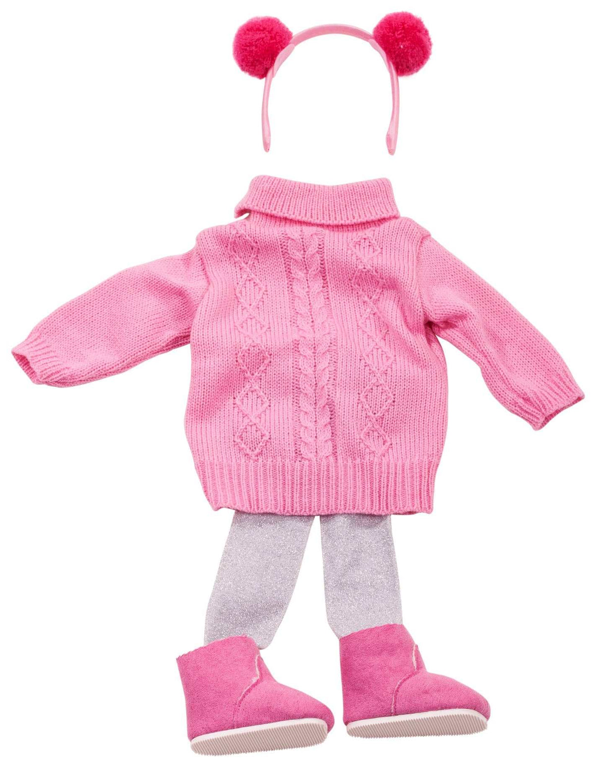 Stehpuppen Herbst-Outfit mit Strickkleid, Glitzerstrumpfhose, Stiefeln und Haarreif für 45-50 cm Puppen