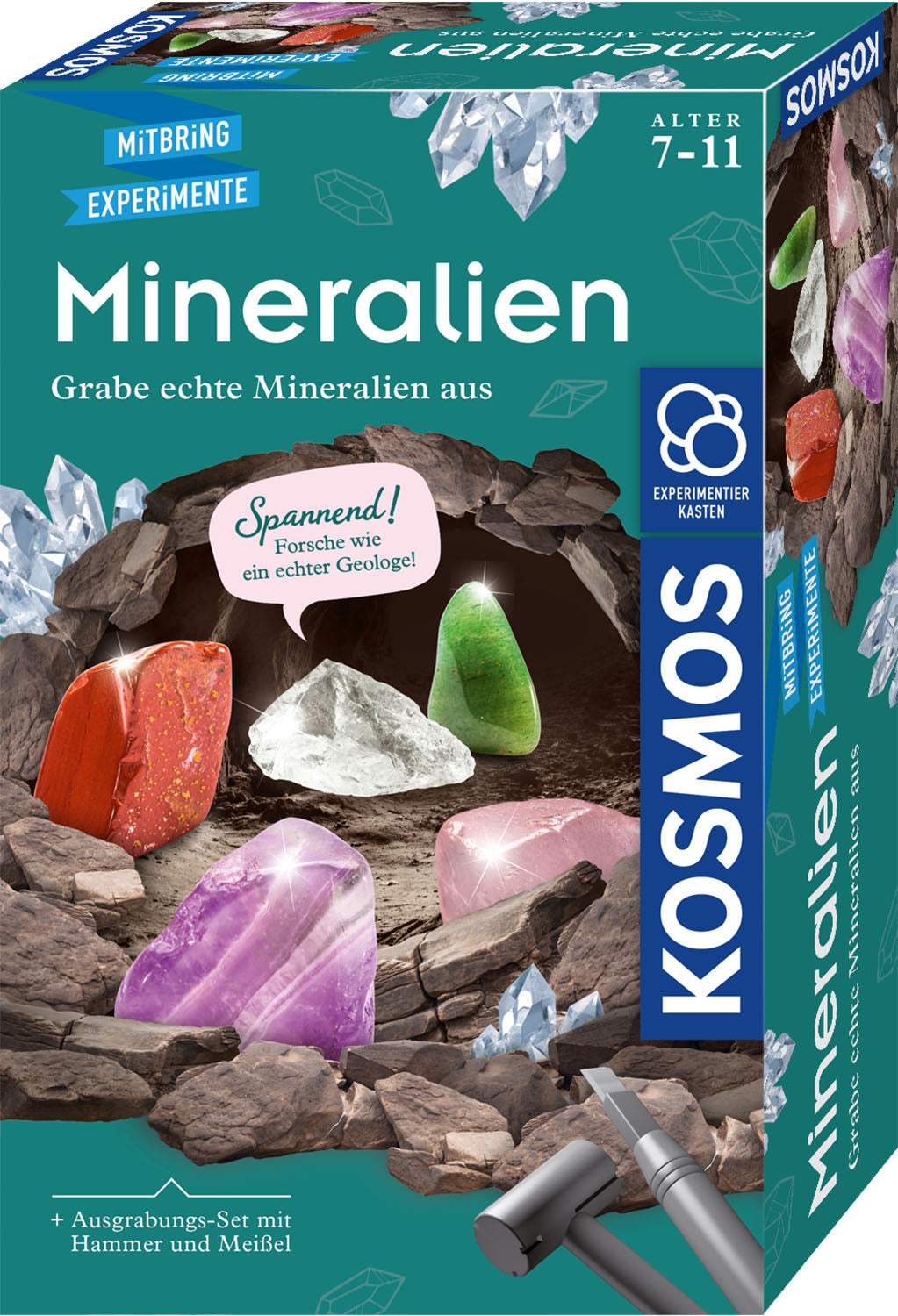 Kosmos Mineralien Set Kinder mit Hammer, Meißel und fünf farbenfrohen Mineralien im Gipsblock