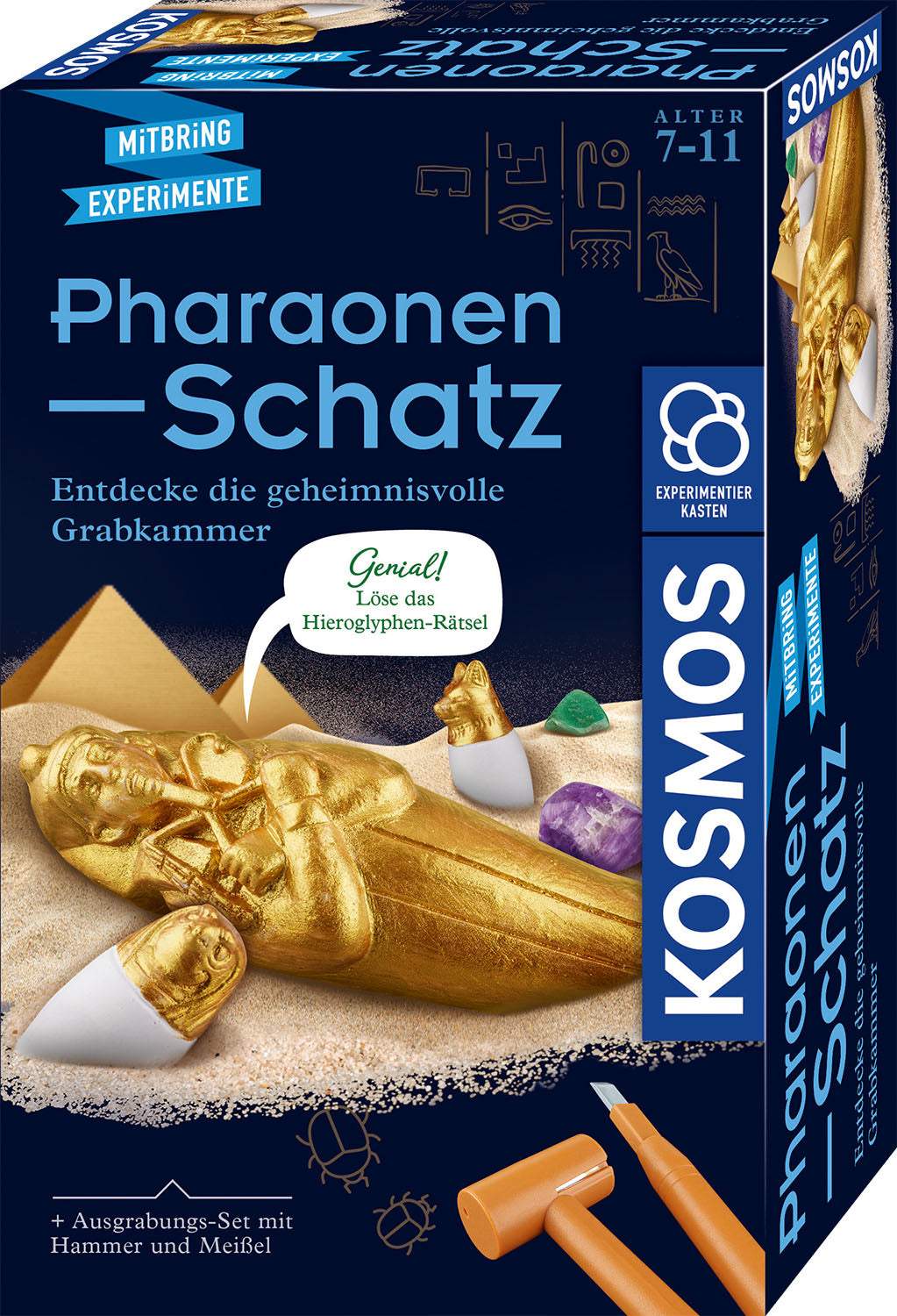 Pharaonen-Schatz Ausgrabungsset mit Gipsblock, goldenem Sarkophag, Kanopen, Edelsteinen und Werkzeug für Kinder
