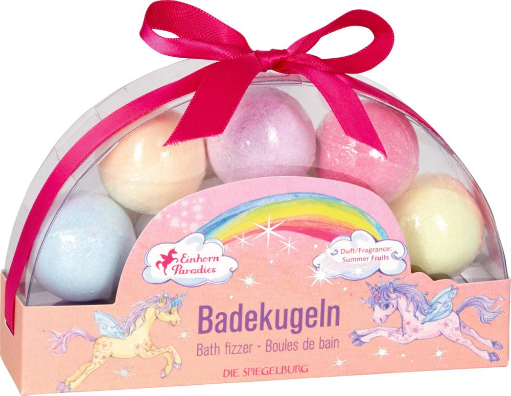 Badekugeln Einhorn-Paradies Set mit fünf regenbogenfarbenen Badebomben für magische Sommerfrüchte-Düfte