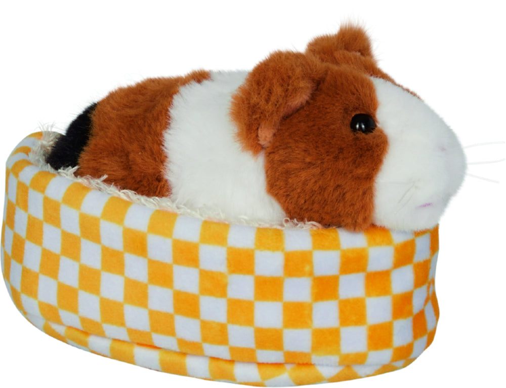 Niedliches Meerschweinchen Lola Kuscheltier aus Plüsch mit gelb-kariertem Körbchen