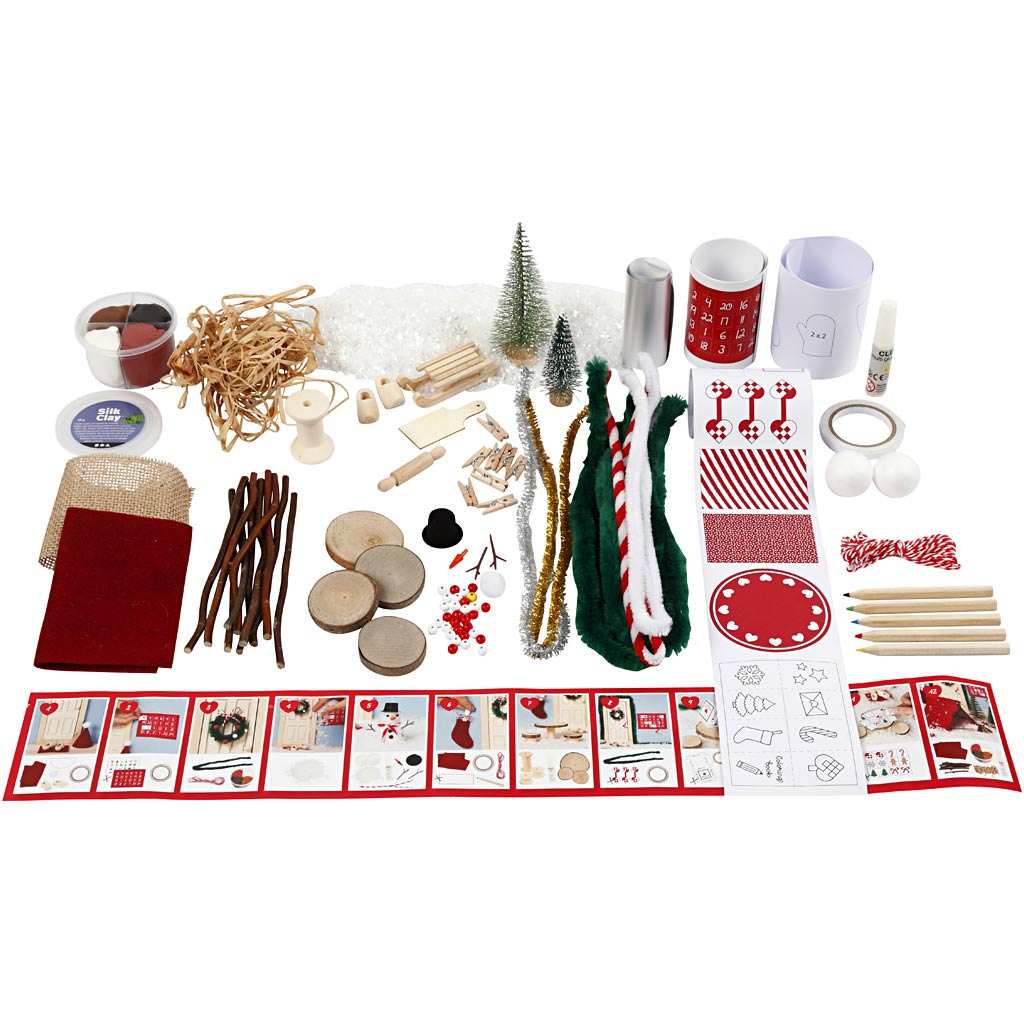 Materialset mit Bastelmaterial für kreative Wichteltür-Weihnachtsszenen und Wichtelzubehör