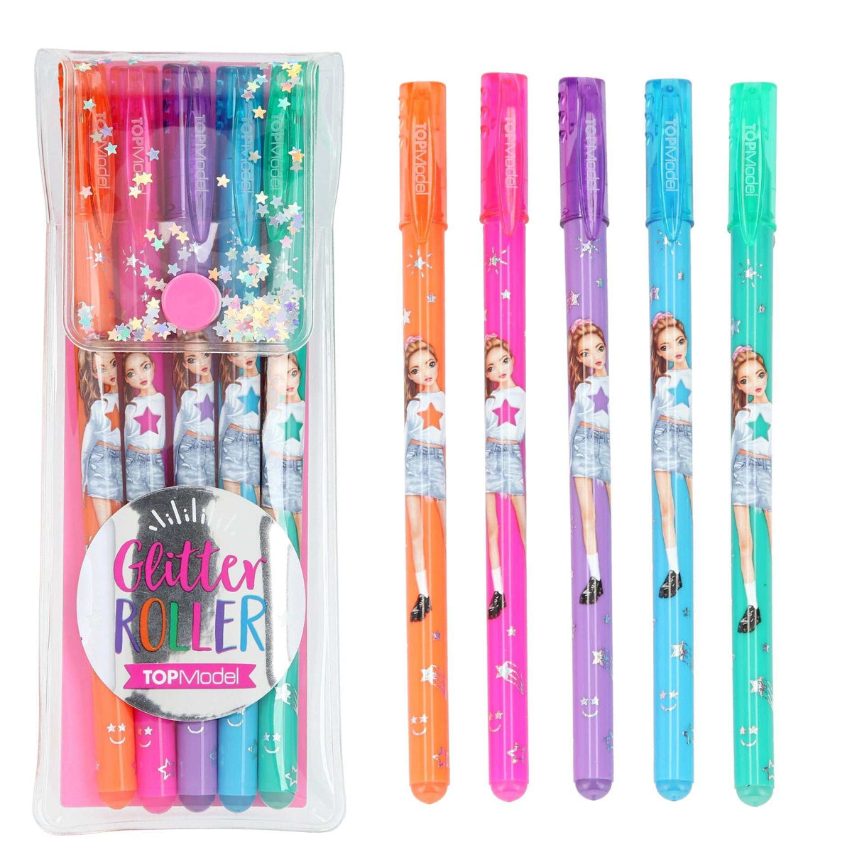 TOPModel Glittergel-Stifte Set mit fünf bunten Glitzer-Gelstiften in Orange, Pink, Lila, Blau und Grün