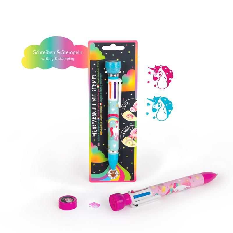 Mehrfarbkuli 6-farbig mit Einhorn-Stempel in Blau und Pink, 6 Farben Schreibstift