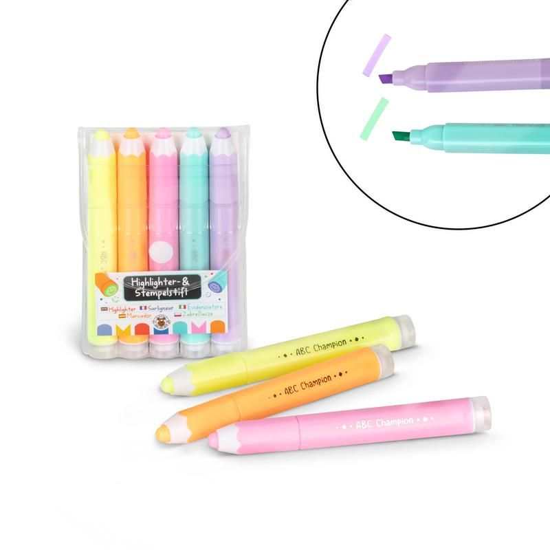 ABC CHAMPIONS Highlighter- & Stempelstift Set mit integrierten Stempeln und praktischem Etui für Schulalltag