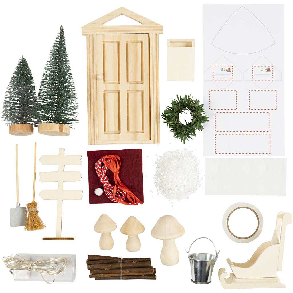 Wichteltür Set mit Tür, Briefkasten, Schlitten und Weihnachtsdekoration für kreative Miniatur-Wichtelwelt