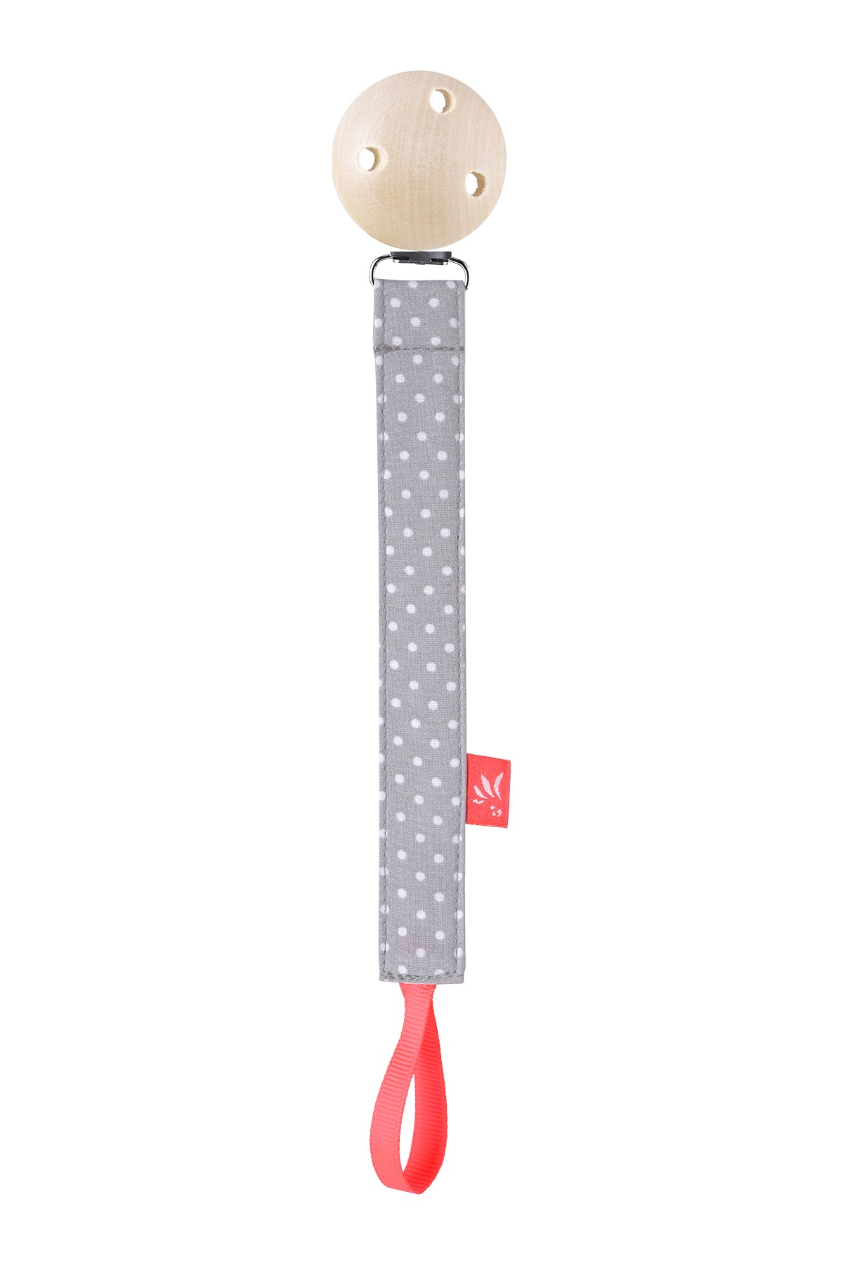 Pacifierclip Dots neon red with flat plastic clip and 100% organic cotton, 20 cm for babies 0+.