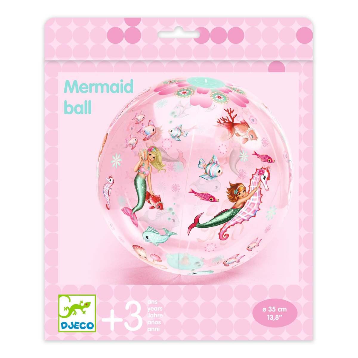 Aufblasbarer Meerjungfrau Ball mit Nixenmotiven, 35 cm Durchmesser, robustes PVC, ideal für Kinder ab 3 Jahren.