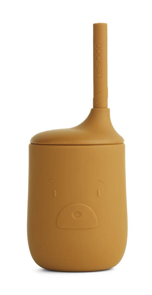 Silikon Trinklernbecher Ellis Mr. Bear golden mit abnehmbarem Deckel und Trinkhalm, BPA-frei, 230ml, kindgerecht und spülmaschinengeeignet.