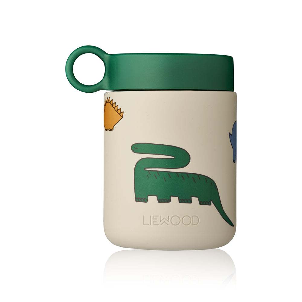 Kian Thermobehälter 350 ml mit Dinosaurier-Motiv, doppelwandiger Edelstahlbehälter mit Silikonhülle und auslaufsicherem Deckel, ideal für Outdoor und Snacks unterwegs