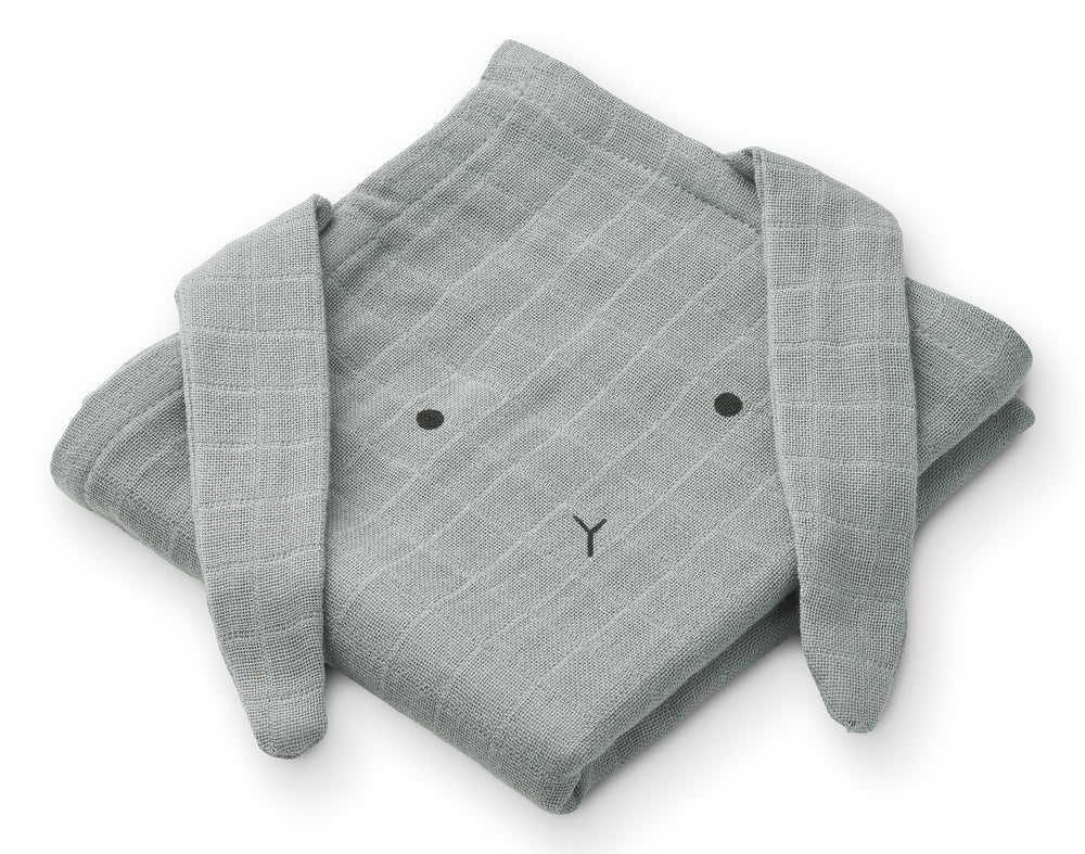 Mulltücher Hannah- rabbit blue aus 100% Bio-Baumwolle, 2er Pack, saugfähig und weich, 65x65 cm, schonend für Babyhaut