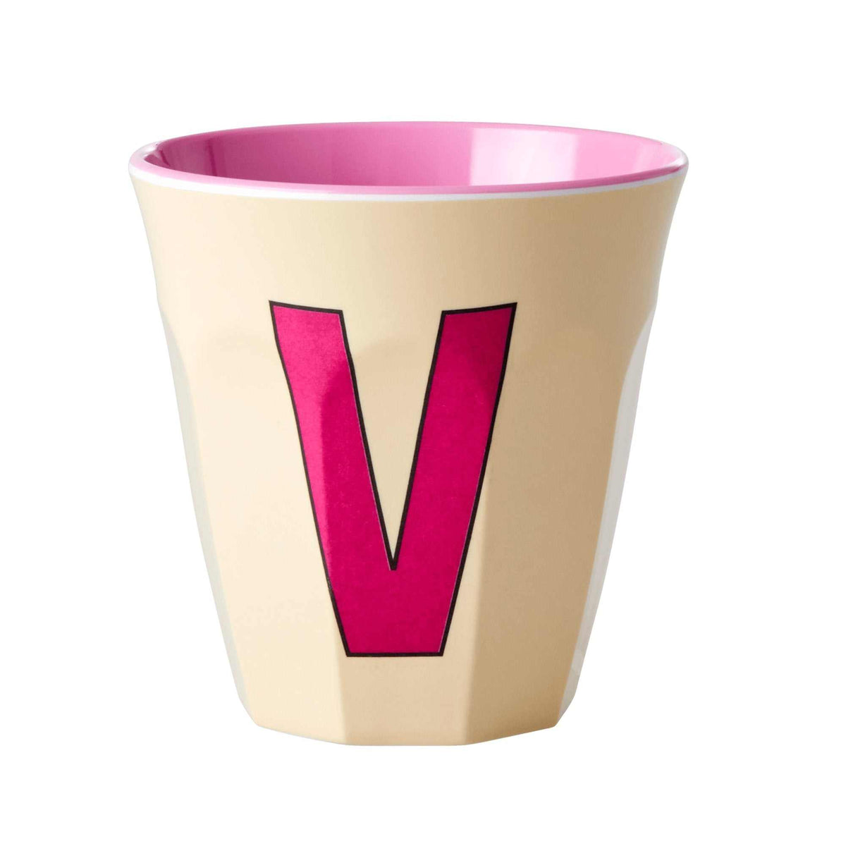Buchstabenbecher V Melaminbecher 250 ml mit Buchstaben-Print, 9 cm hoch, spülmaschinengeeignet
