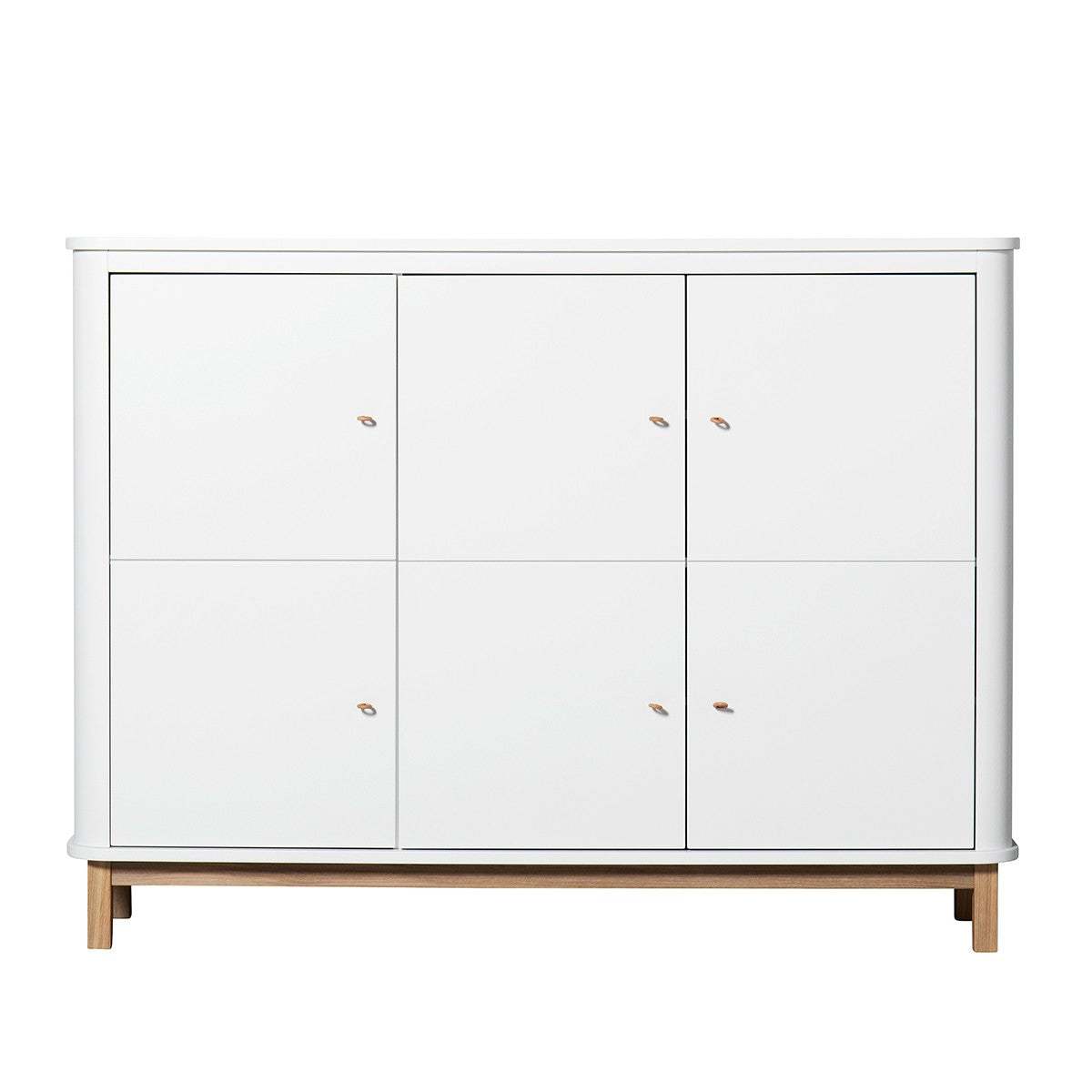 Wood Multi Schrank weiß und Eiche mit drei Türen und Ledergriffen, multifunktionaler Kinderzimmerschrank von Oliver Furniture