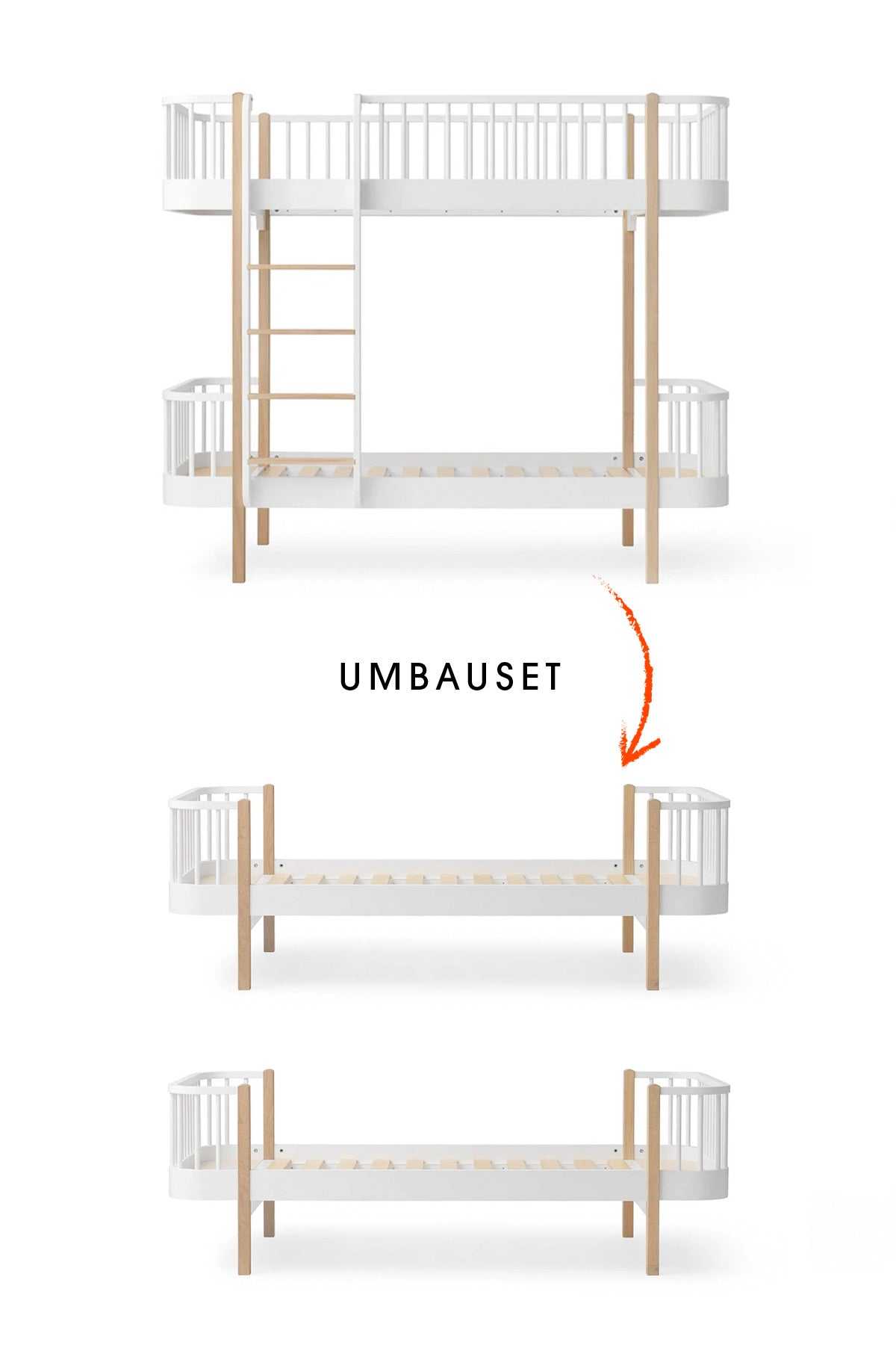 Umbau- Set vom Original Etagenbett zu 2 Einzelbetten, weiß/Eiche