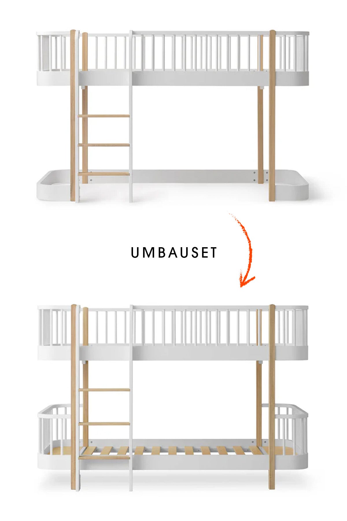 Wood Umbau-Set vom Original halbhohen Hochbett 128cm zum halbhohen Etagenbett , weiß/eiche