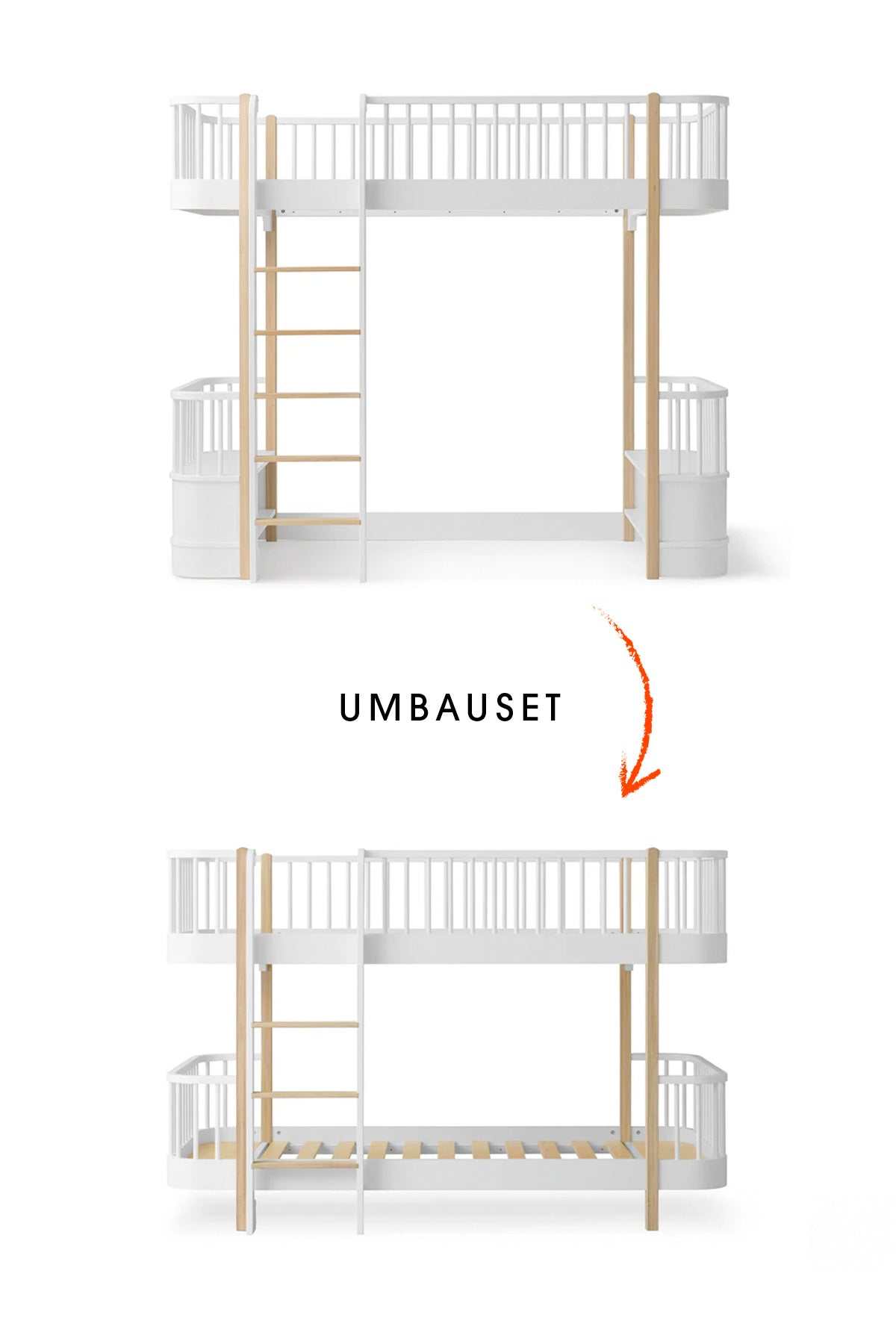 Umbau-Set von Original Hochbett zum halbhohen Etagenbett, weiß/Eiche