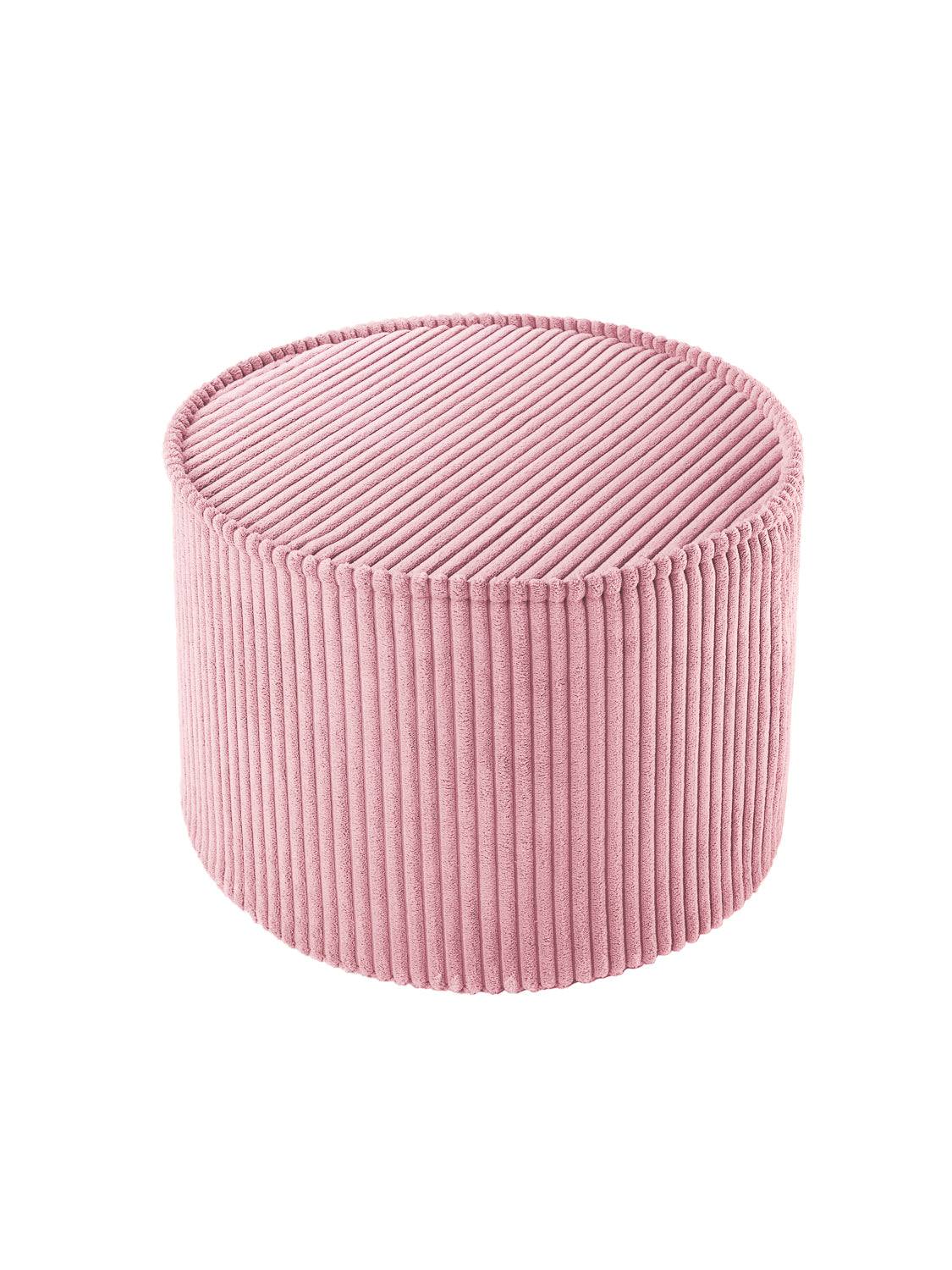 Pouffe Pink Mousse mit rosa Cordbezug, nachhaltig und vielseitig als Sitz- und Ablagehocker, 40 cm Durchmesser, 25 cm Höhe