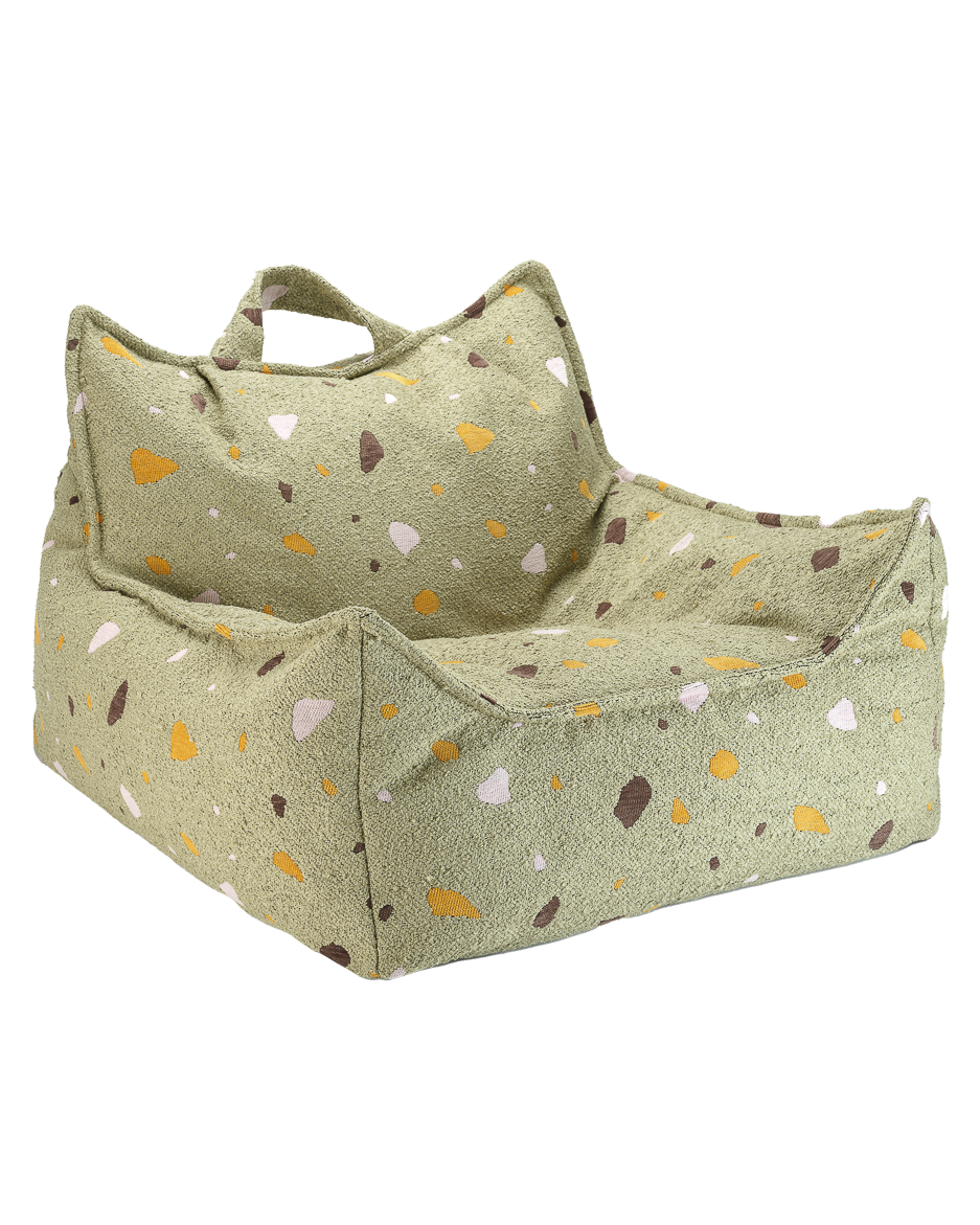 Beanbag chair in terrazzo moss fabric with zippered removable cover and EPS filling for comfortable relaxation