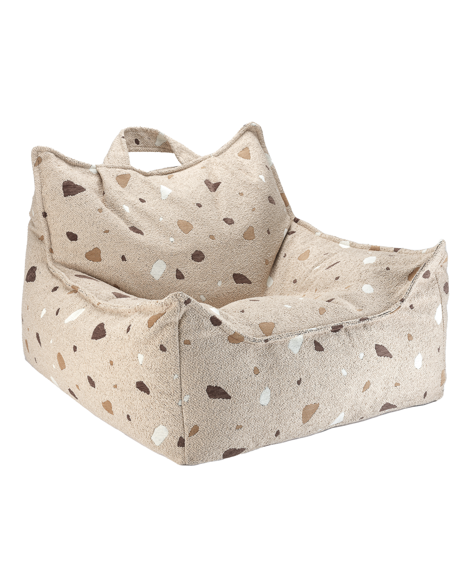 Beanbag chair in terrazzo sand color with bouclé and chenille fabric, child-safe and washable cover