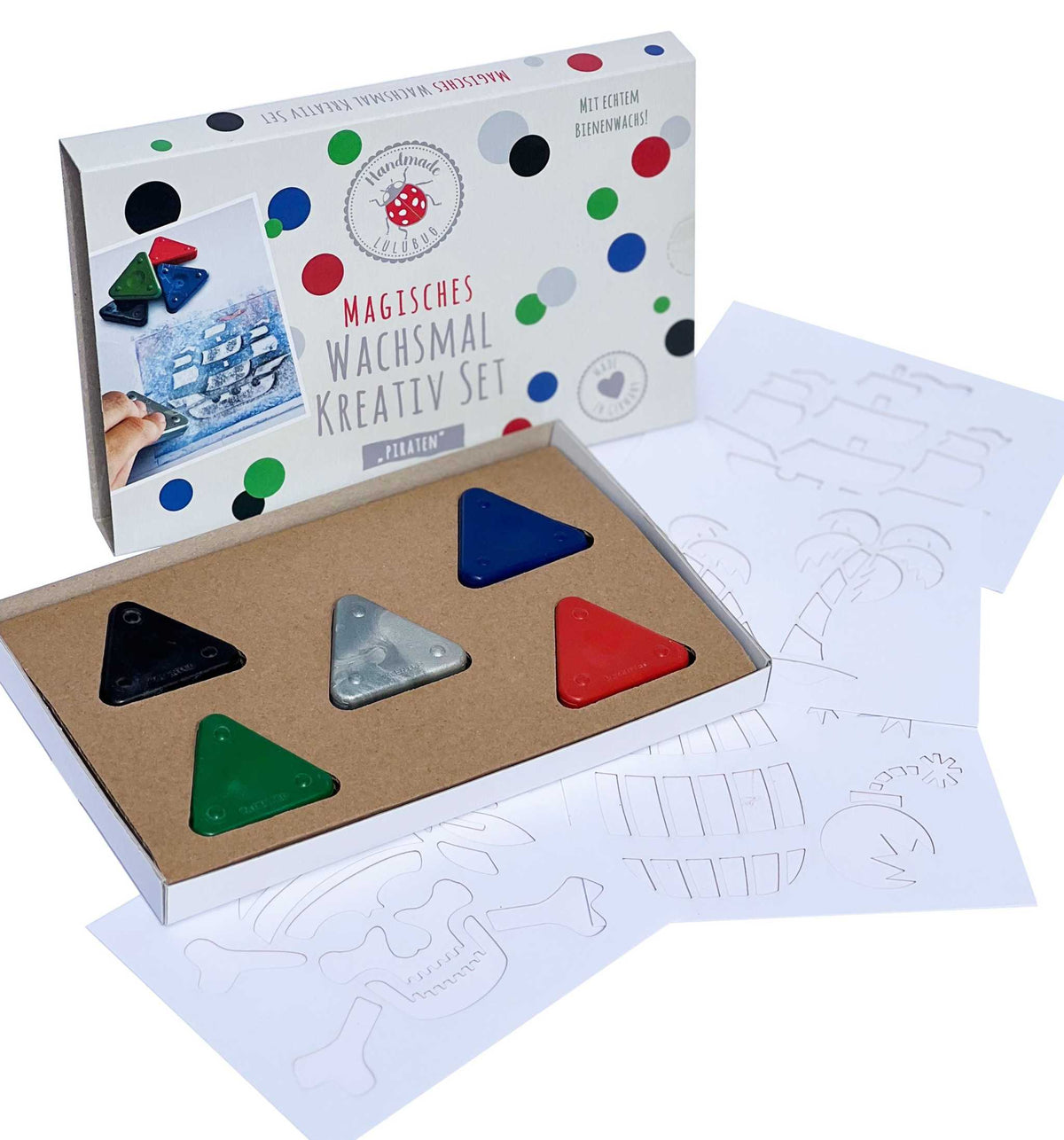 Magisches Wachsmal-Kreativ Set mit bunten Wachsmal-Dreiecken und Piraten-Schablonen für kinderfreundliches Kreativzeichnen