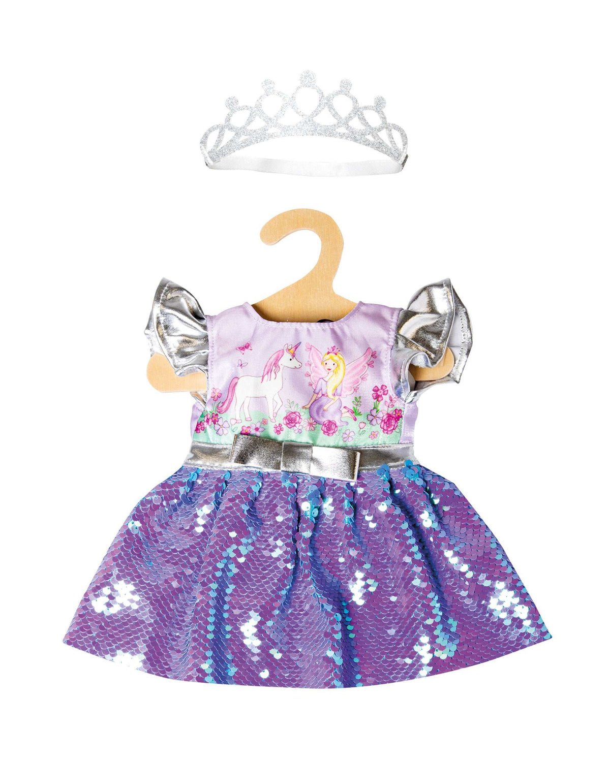 Wendepailletten-Puppenkleid Fee und Einhorn mit changierendem Rock und silbernem Gürtel für Puppen 35-45 cm
