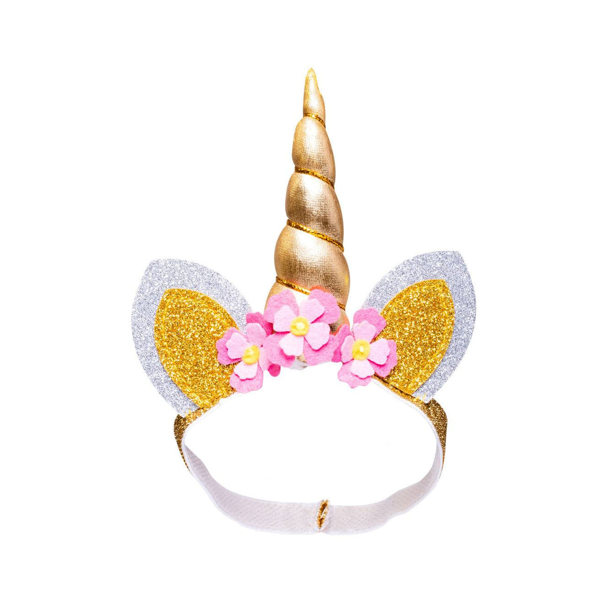 Puppen-Einhorn-Haarband mit gold-glitzerndem Horn, silbernen Ohren und rosa Blüten für Puppen 35-45 cm