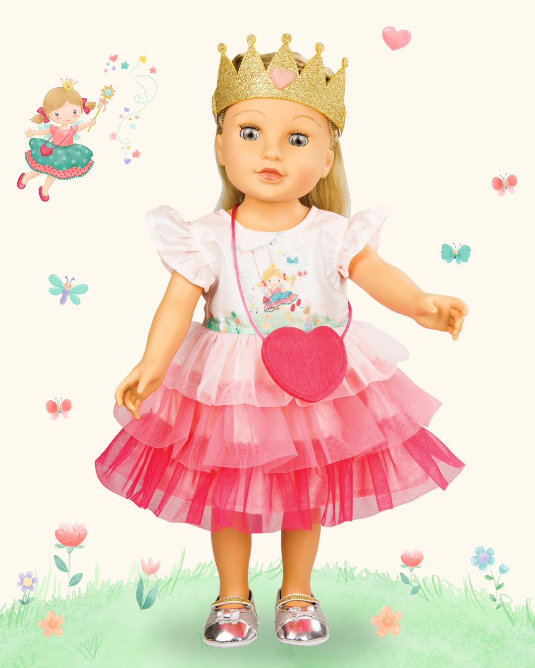 Puppenkleid "Primessn Emily" mit Herztasche und Krone, Gr. 28-35