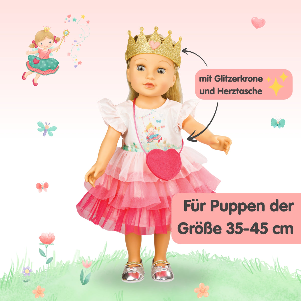 Puppenkleid "Pr!nzessin Emily" mit Herztasche und Krone. Gr. 35-45