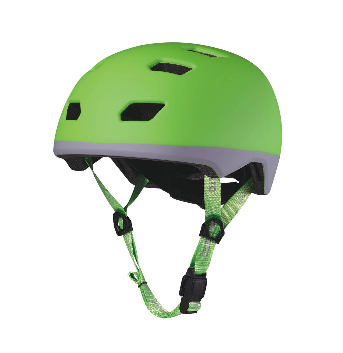 Kinderhelm Neon Grün mit Fidlock-Magnetverschluss, LED-Licht und Belüftungslöchern von Swiss Micro