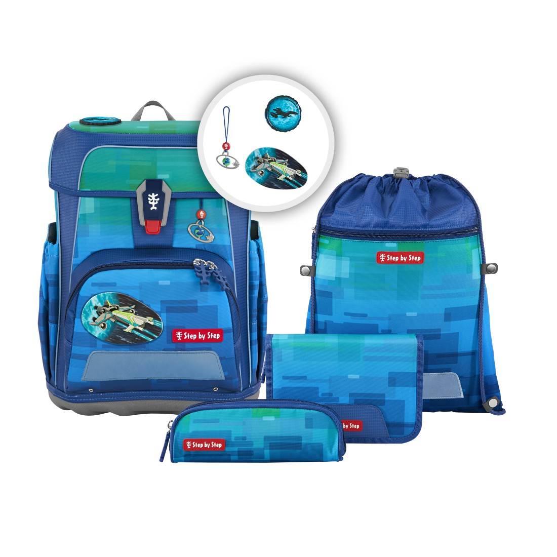 Blau-grünes Step by Step Schulranzen-Set CLOUD Ocean Space Craft Spike aus recyceltem Meeresplastik mit 5 Teilen und ergonomischem Tragekomfort