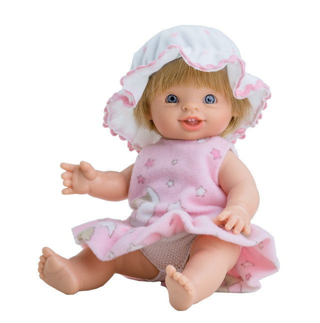 Paolitos Heli doll in pink moon, star, and cat dress with sun hat, 21cm vinyl collectible toy