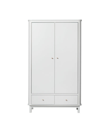 Weißer Wood Kleiderschrank 2-türig mit runden Haken und handgearbeiteten Ledergriffen in modernem Design