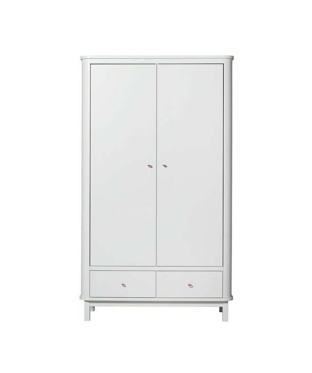 Weißer Wood Kleiderschrank 2-türig mit runden Haken und handgearbeiteten Ledergriffen in modernem Design