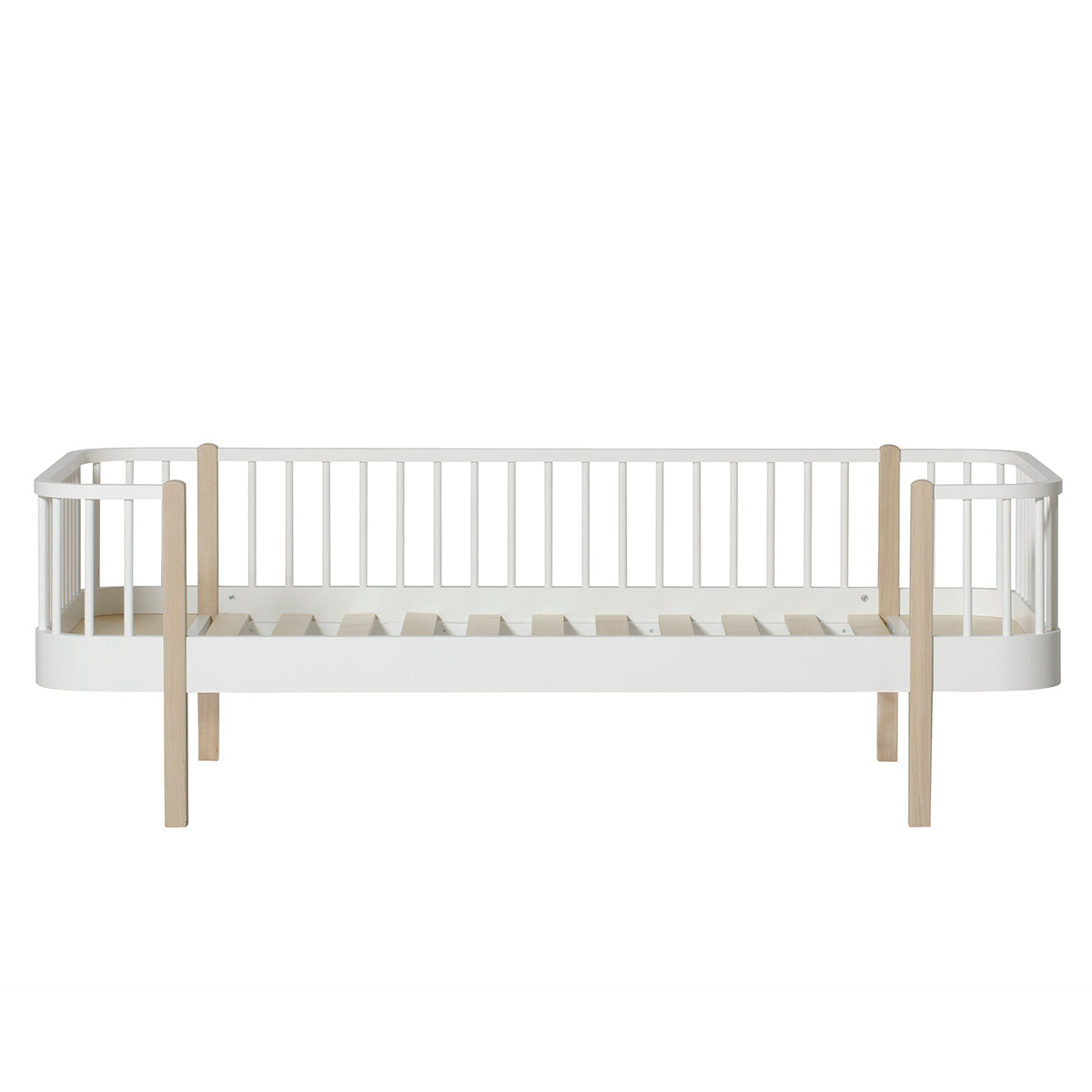 Wood Bettsofa 90x200 weiß und Eiche im 50er-Jahre-Stil mit nordischer Eleganz