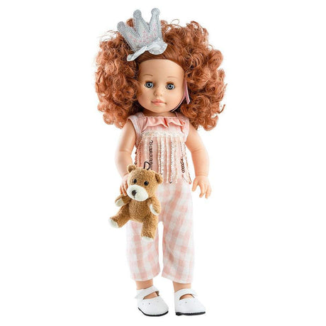 Die schöne Puppe Becca von Paola Reina mit Krone, rosafarbenem Jumpsuit und Bär, 42cm groß, Vinylkörper