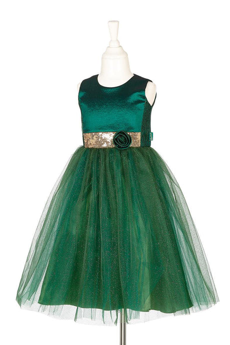 Grüngoldenes Kleid Luisa 3-4 Jahre mit Tüllüberrock und goldener Paillettenschärpe von Souza Kids