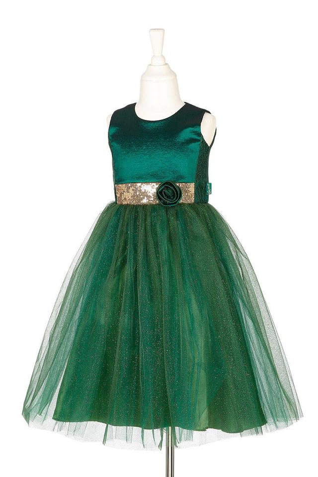 Grüngoldenes Kleid Luisa 3-4 Jahre mit Tüllüberrock und goldener Paillettenschärpe von Souza Kids