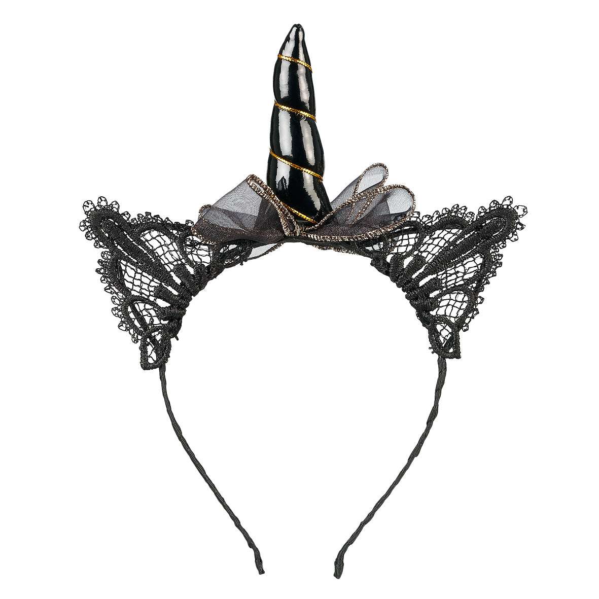 Schwarzer Haarreif Glynda mit Spitzenohren und Horn aus Baumwolle und Kunststoff, ideal für Einhorn-Fans.