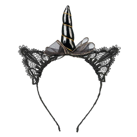 Schwarzer Haarreif Glynda mit Spitzenohren und Horn aus Baumwolle und Kunststoff, ideal für Einhorn-Fans.