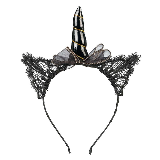 Schwarzer Haarreif Glynda mit Spitzenohren und Horn aus Baumwolle und Kunststoff, ideal für Einhorn-Fans.